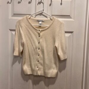 Marina Luna Cream Short Sleeve Angora Cardigan Sweater Women's M Rhinestone